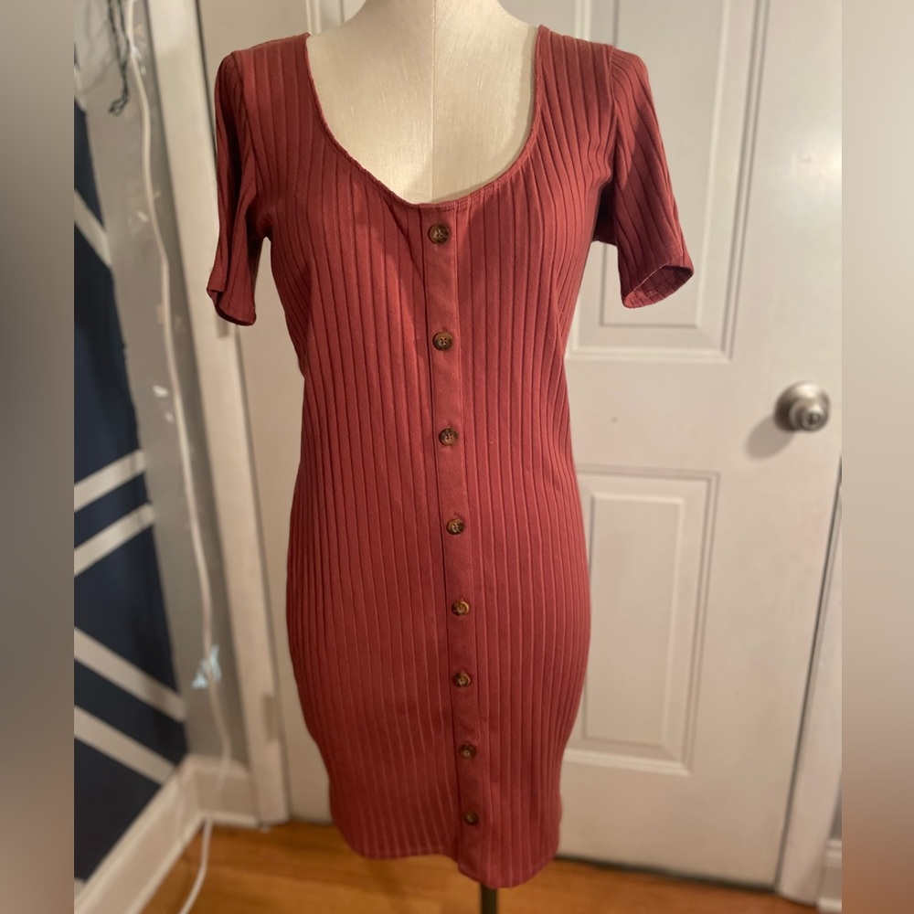 Abercrombie & Fitch Brick Red Ribbed Button-Front Mini Dress
